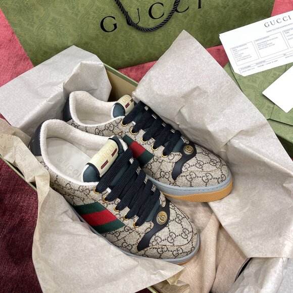 Auth Gucci Men's Sneakers Sherry Line GG Supreme Gold Hardware - Picture 1 of 5